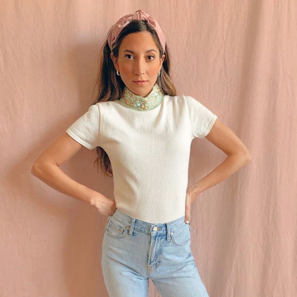 embellished mock neck top